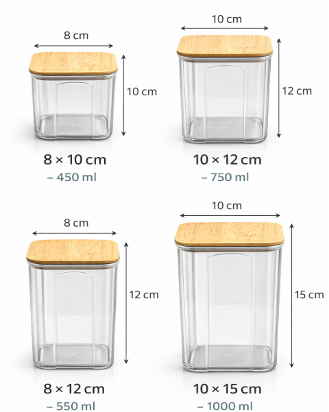 Recipiente cuadrado de vidrio con tapa de bambú set x 4