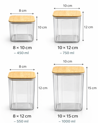 Recipiente cuadrado de vidrio con tapa de bambú set x 4
