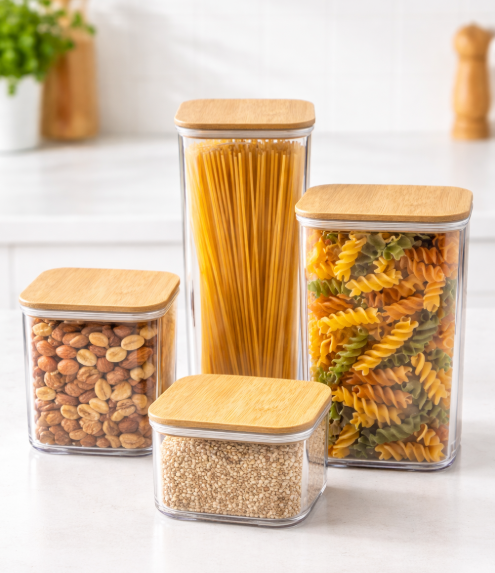 Recipiente cuadrado de vidrio con tapa de bambú set x 4
