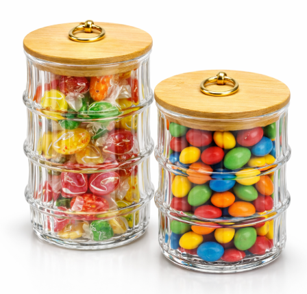 Recipiente de vidrio texturizado con tapa de bambú con aro decorativo dorado set x 2