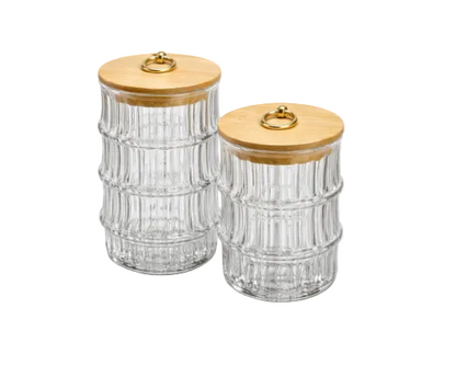 Recipiente de vidrio texturizado con tapa de bambú con aro decorativo dorado set x 2